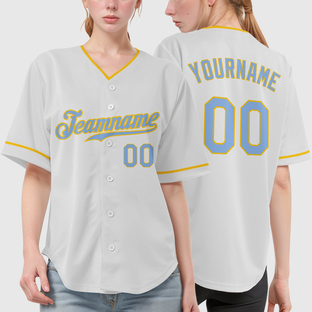 Custom White Light Blue Light Blue-Yellow Collar Sleeve Baseball Jersey