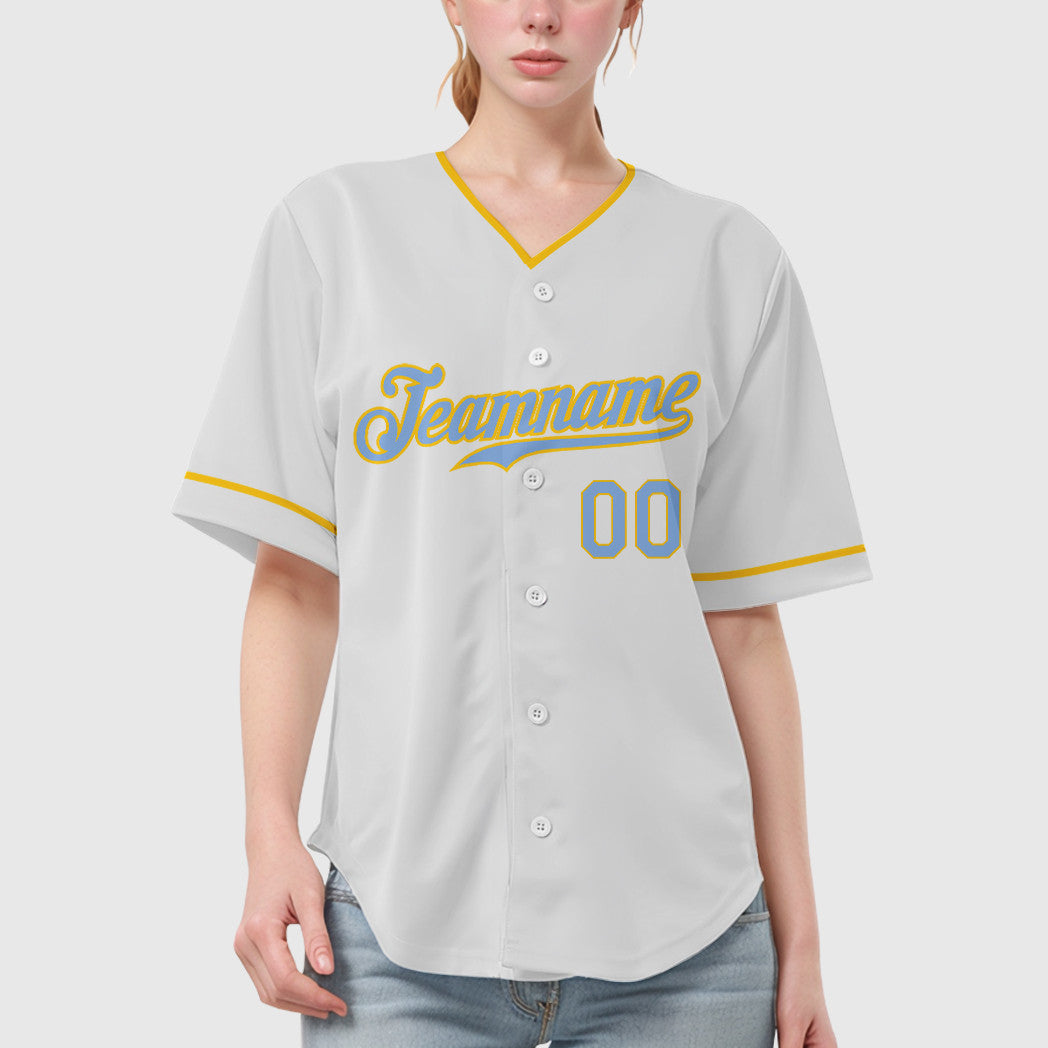 Custom White Light Blue Light Blue-Yellow Collar Sleeve Baseball Jersey