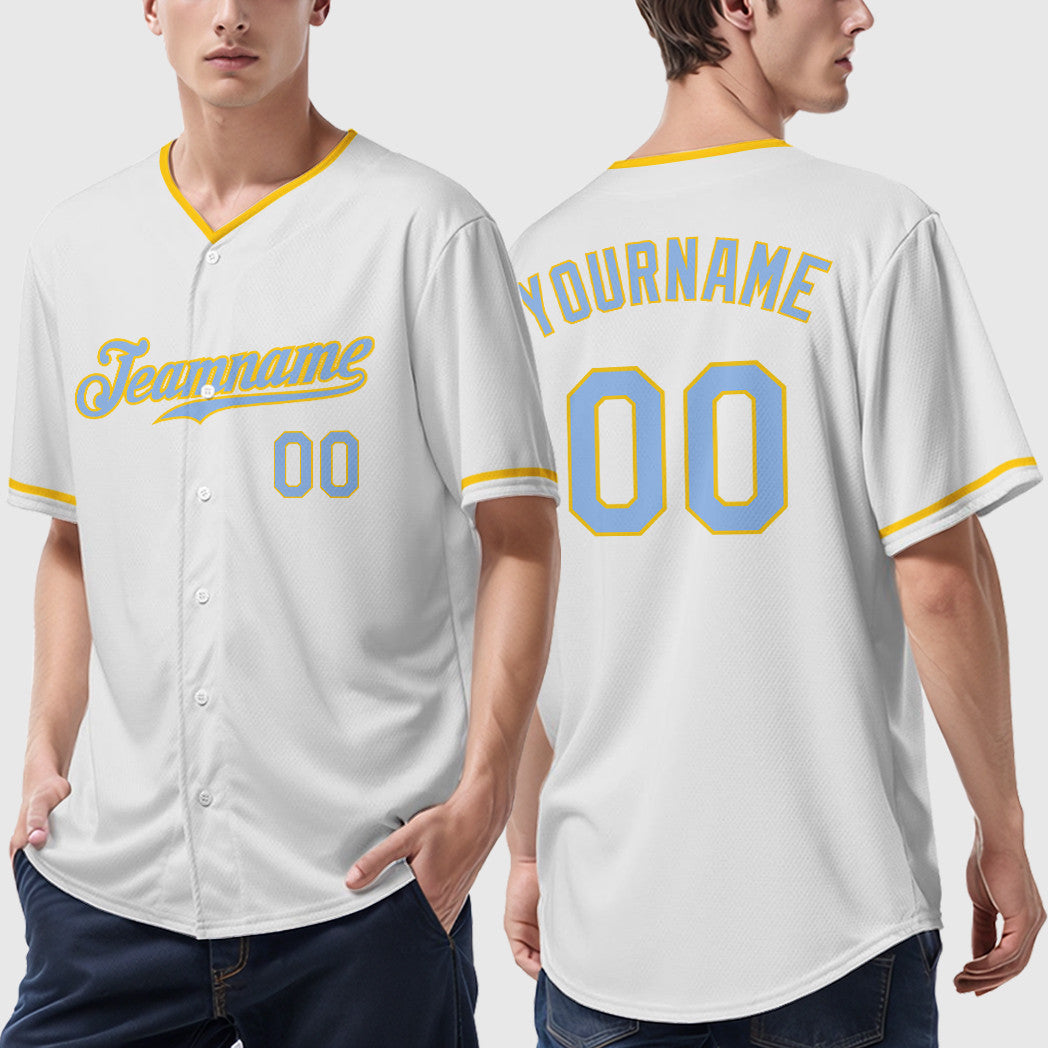 Custom White Light Blue Light Blue-Yellow Collar Sleeve Baseball Jersey