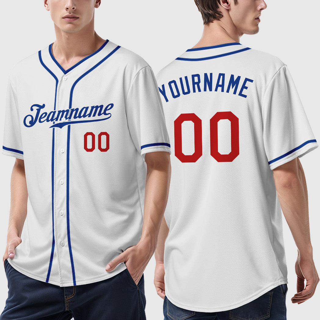 Custom White Royal Red Piping Baseball Jersey