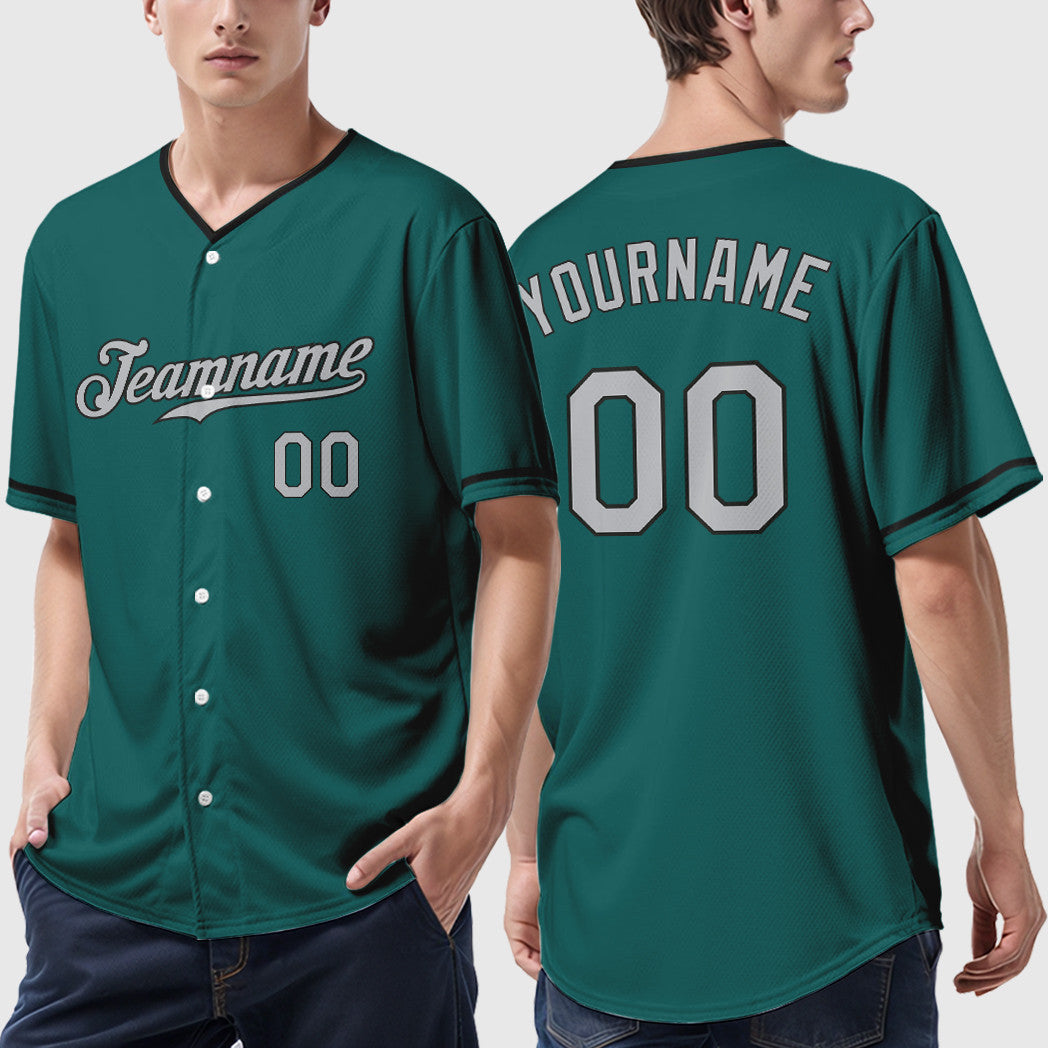 Custom Teal Gray Black Collar Sleeve Baseball Jersey