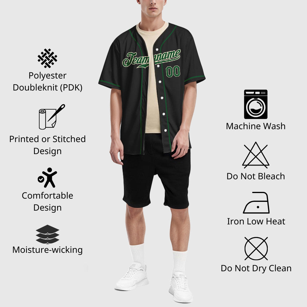Custom Black Cream Green Sleeve Baseball Jersey
