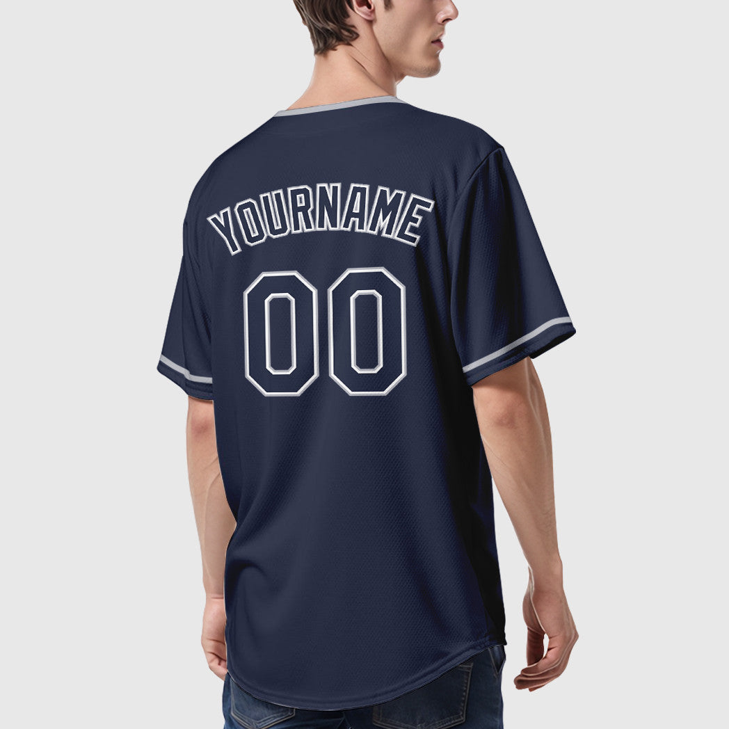 Custom Navy White Gray Collar Sleeve Baseball Jersey
