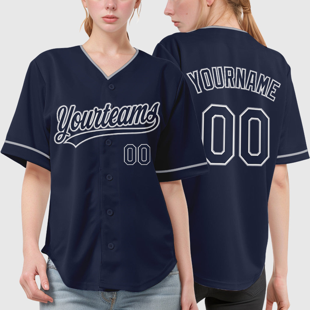 Custom Navy White Gray Collar Sleeve Baseball Jersey