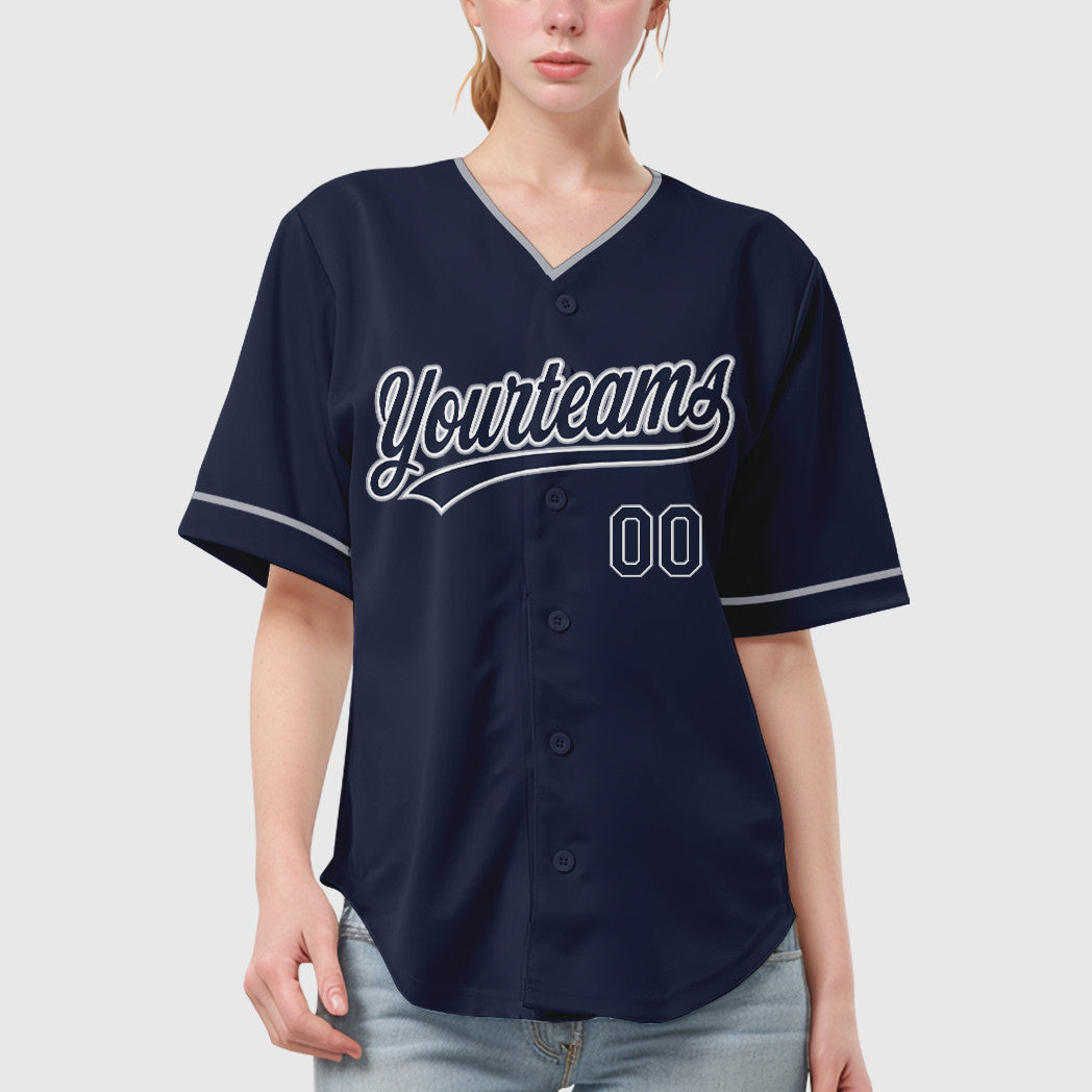 Custom Navy White Gray Collar Sleeve Baseball Jersey