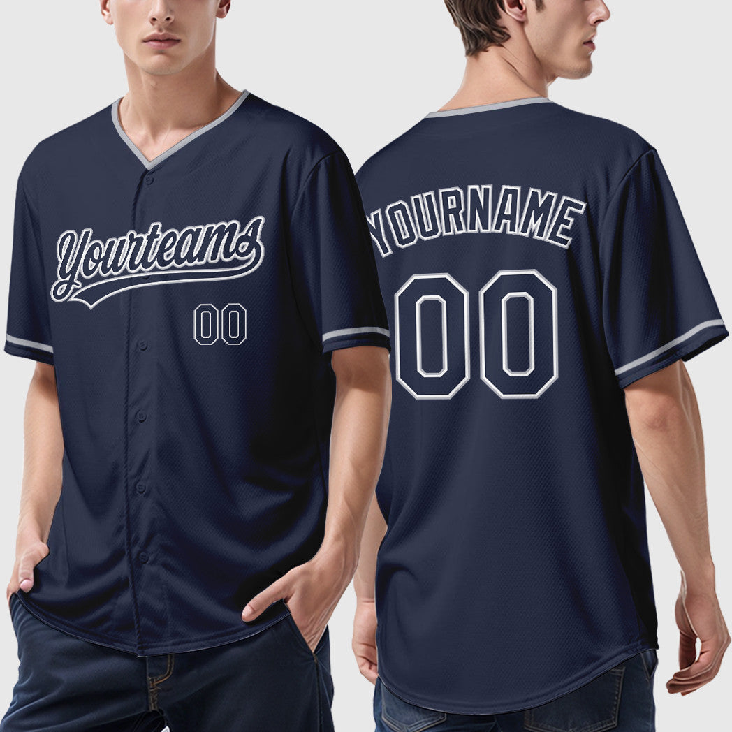 Custom Navy White Gray Collar Sleeve Baseball Jersey