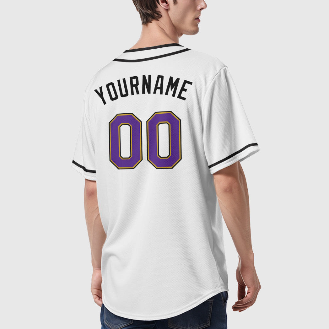 Custom White Purple Purple Old Gold-Black Piping Baseball Jersey