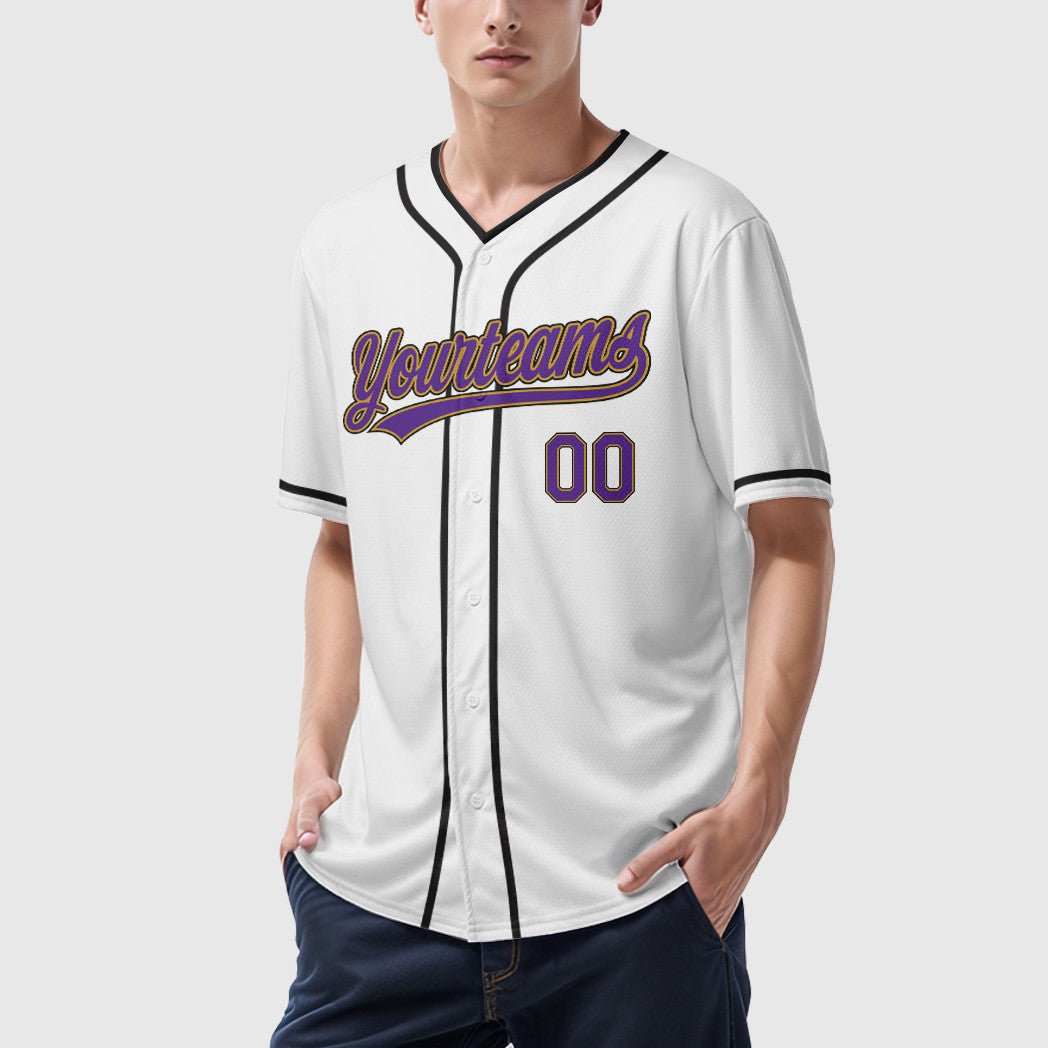 Custom White Purple Purple Old Gold-Black Piping Baseball Jersey