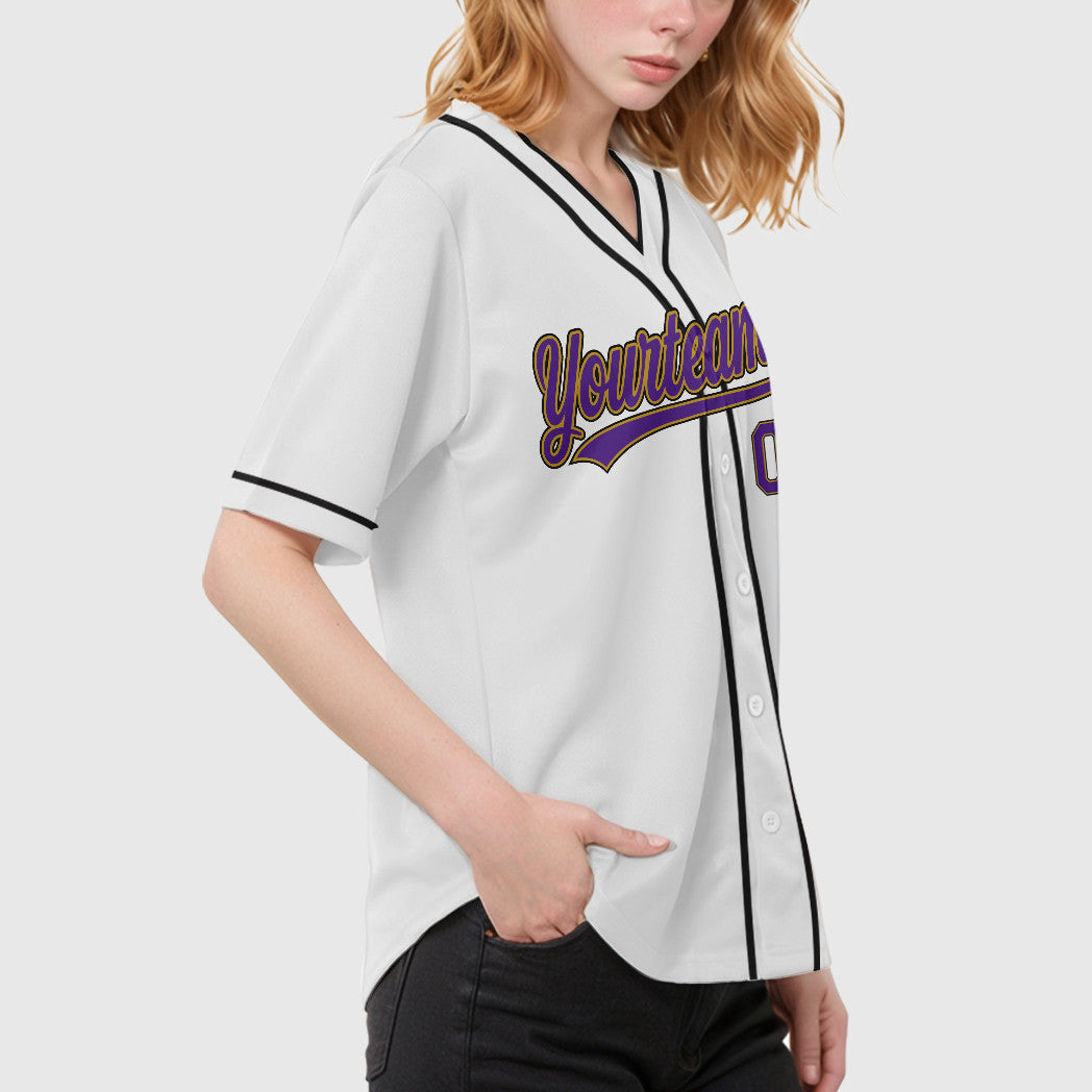 Custom White Purple Purple Old Gold-Black Piping Baseball Jersey