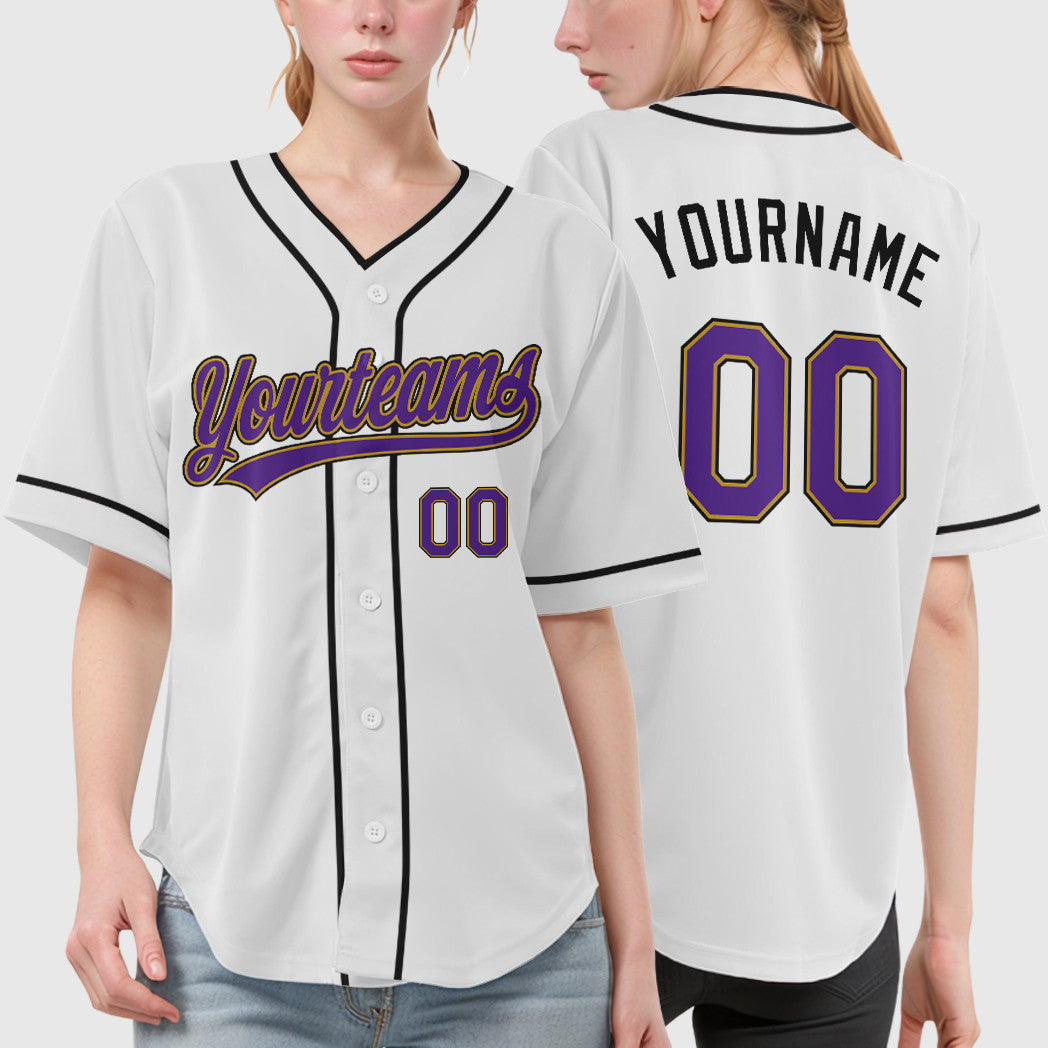 Custom White Purple Purple Old Gold-Black Piping Baseball Jersey