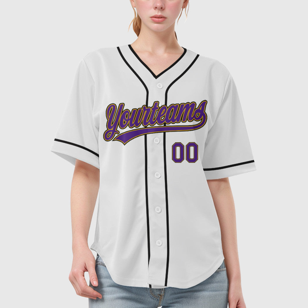 Custom White Purple Purple Old Gold-Black Piping Baseball Jersey