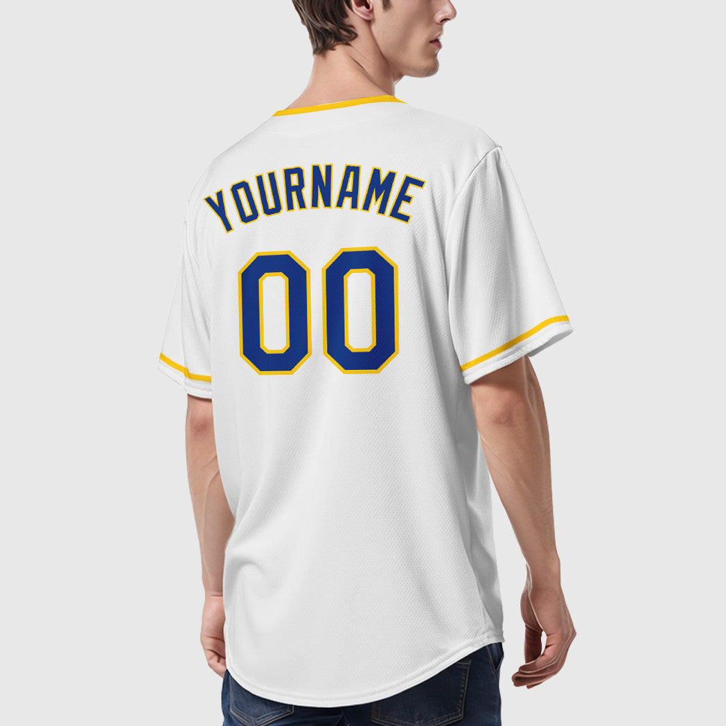 Custom White Royal Royal-Yellow Collar Sleeve Baseball Jersey