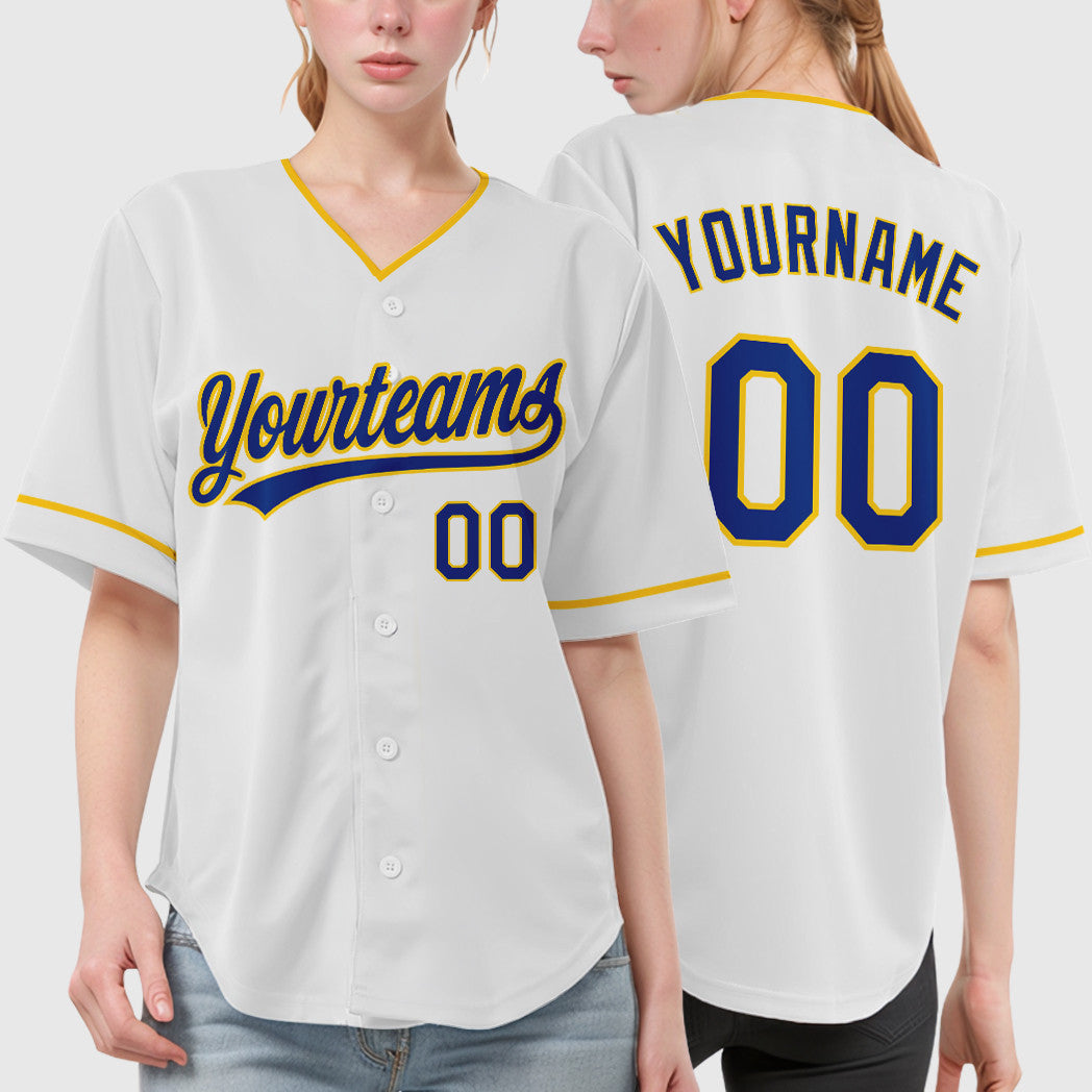 Custom White Royal Royal-Yellow Collar Sleeve Baseball Jersey