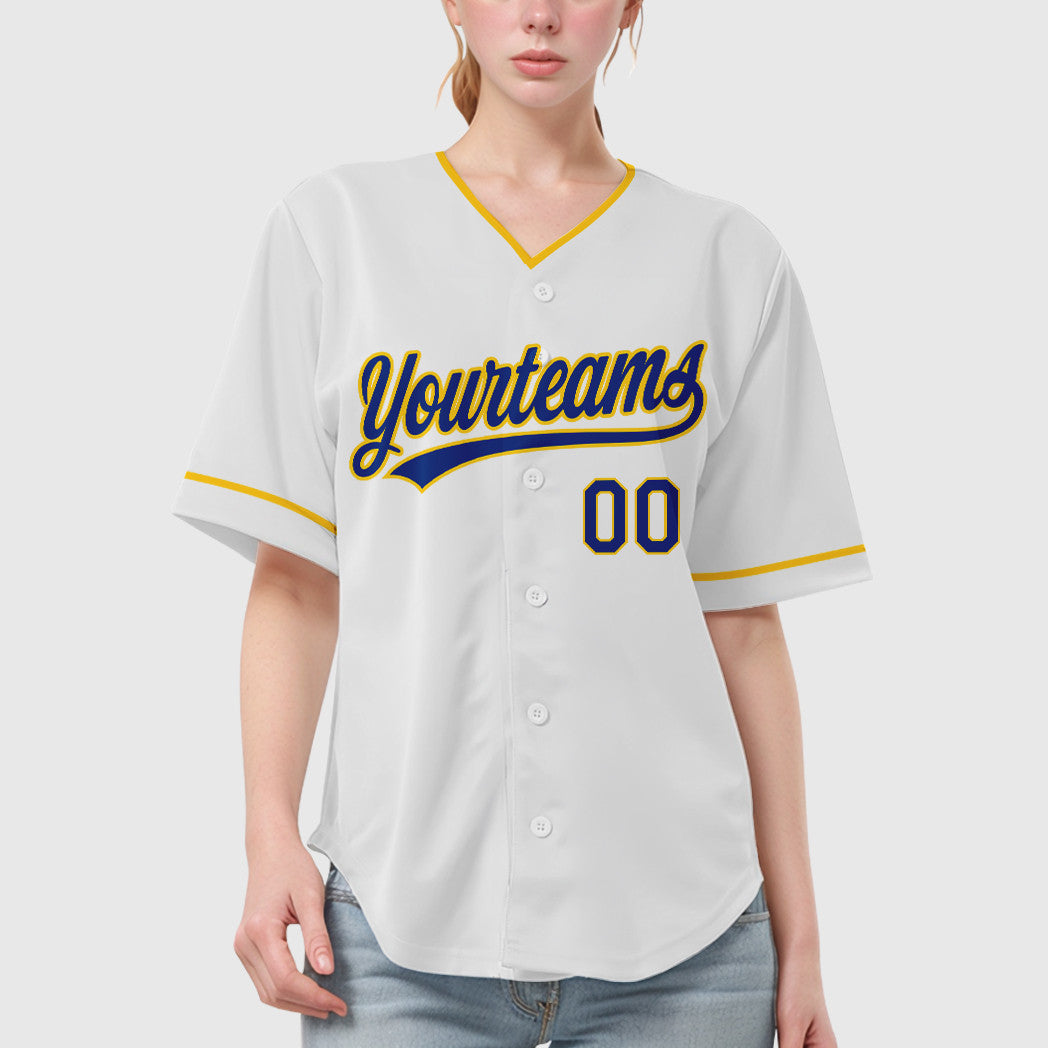Custom White Royal Royal-Yellow Collar Sleeve Baseball Jersey