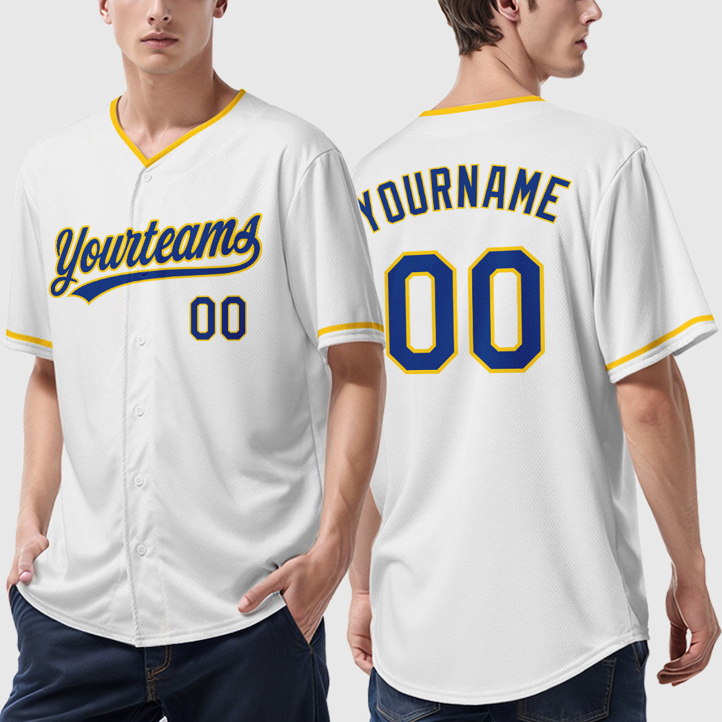 Custom White Royal Royal-Yellow Collar Sleeve Baseball Jersey