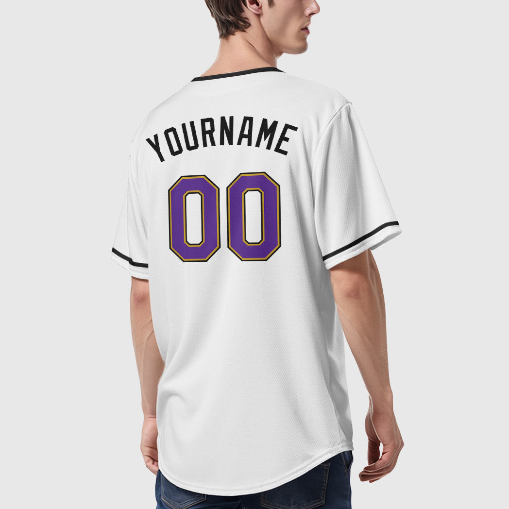 Custom White Purple Purple Old Gold-Black Collar Sleeve Baseball Jersey