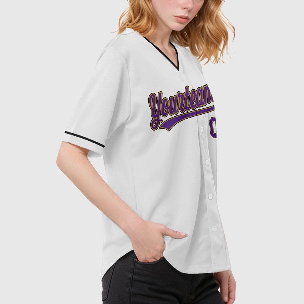 Custom White Purple Purple Old Gold-Black Collar Sleeve Baseball Jersey