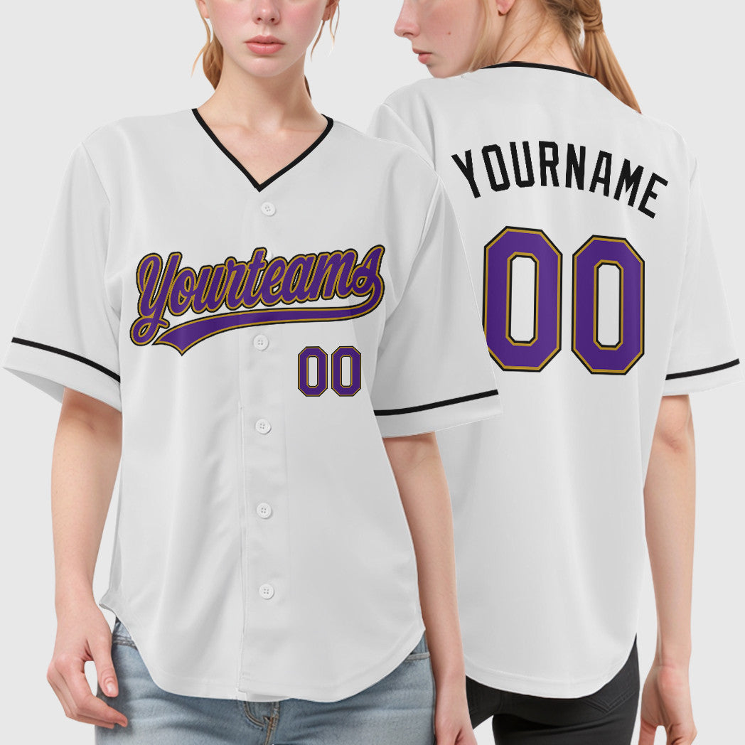 Custom White Purple Purple Old Gold-Black Collar Sleeve Baseball Jersey