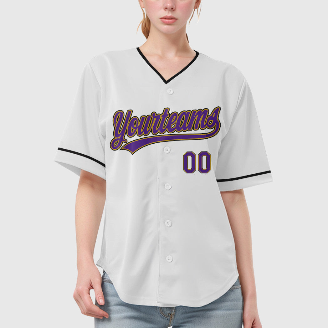 Custom White Purple Purple Old Gold-Black Collar Sleeve Baseball Jersey