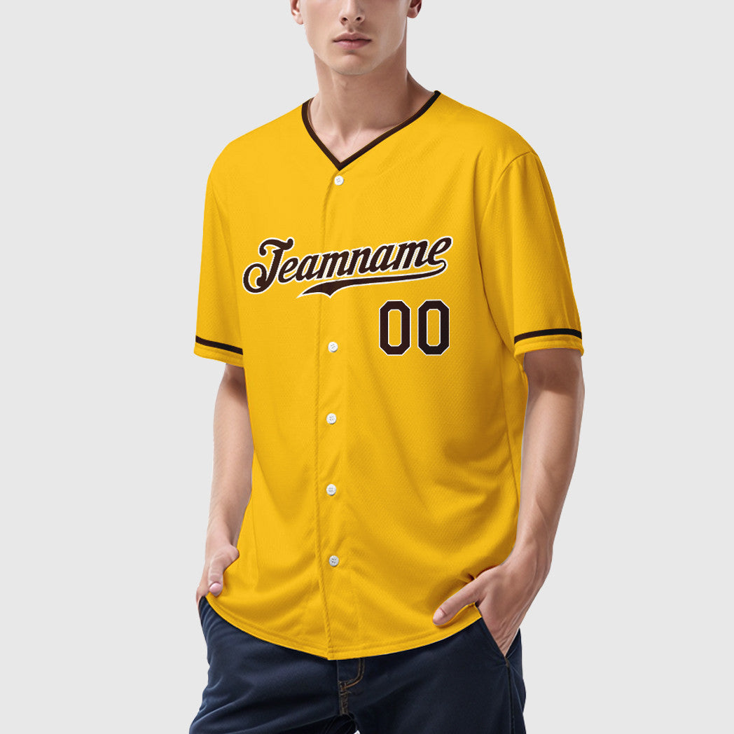 Custom Yellow Brown Brown-White Collar Sleeve Baseball Jersey