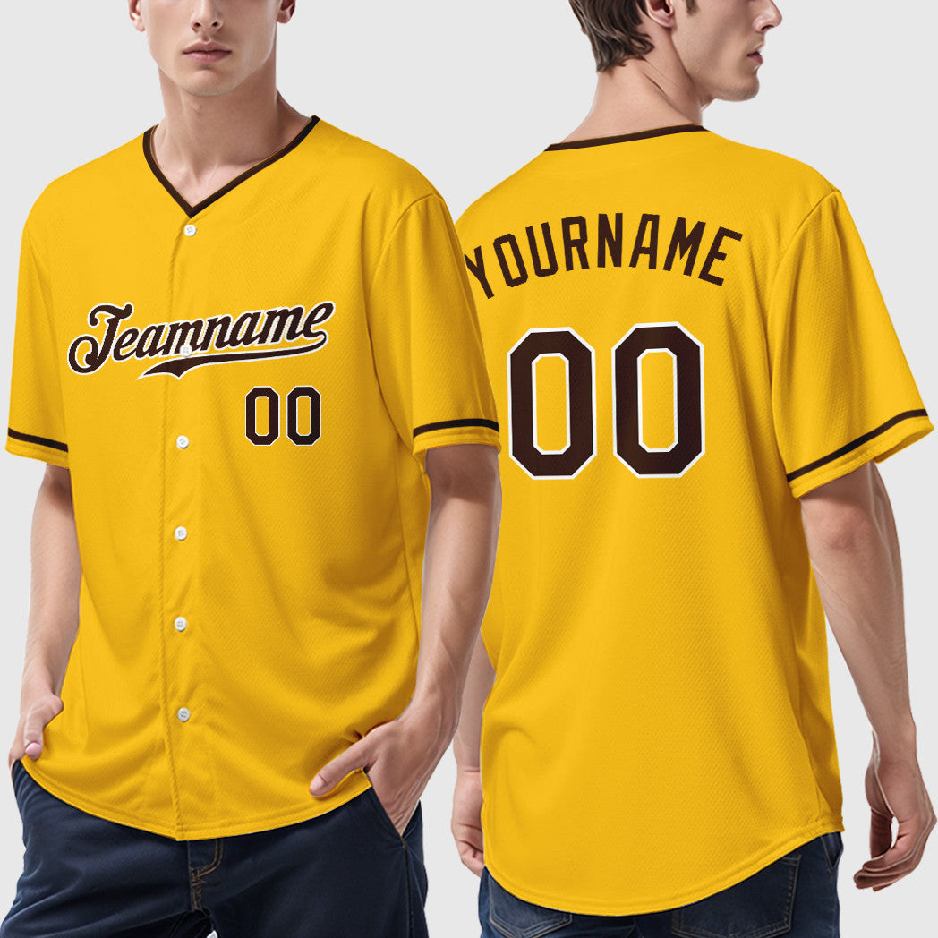 Custom Yellow Brown Brown-White Collar Sleeve Baseball Jersey