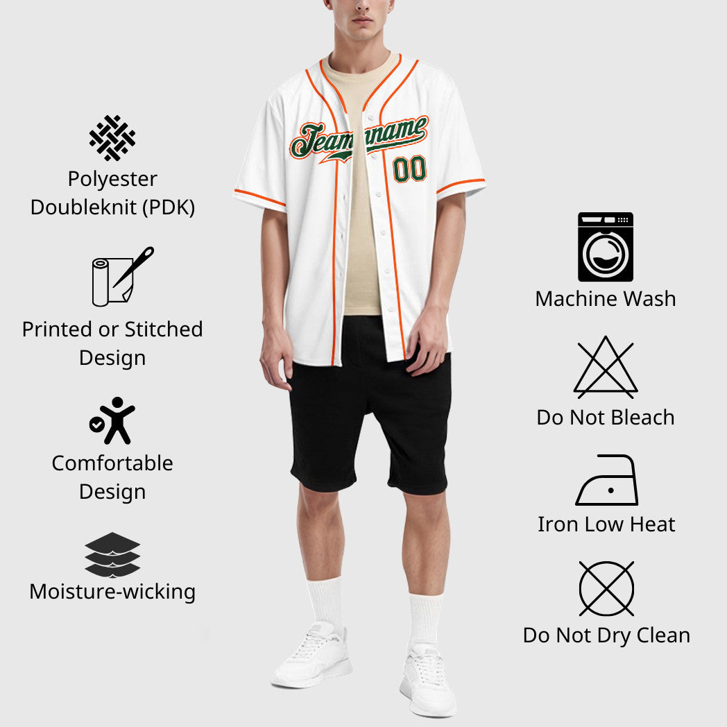 Custom White Green Green-Orange Piping Baseball Jersey