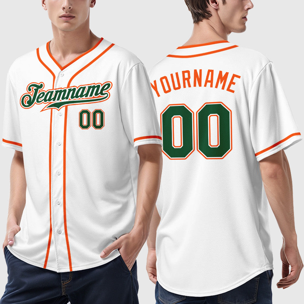 Custom White Green Green-Orange Piping Baseball Jersey