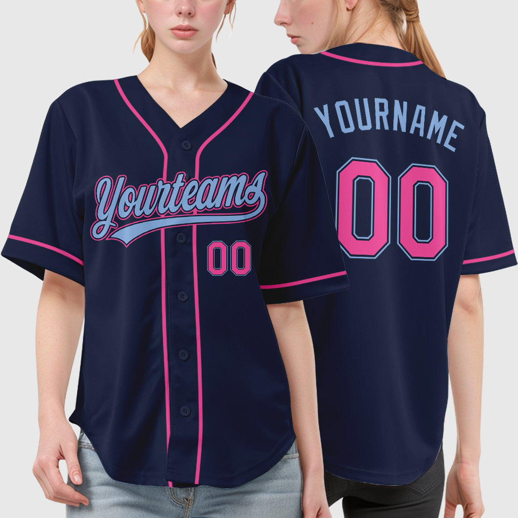 Custom Navy Light Blue Pink Sleeve Baseball Jersey