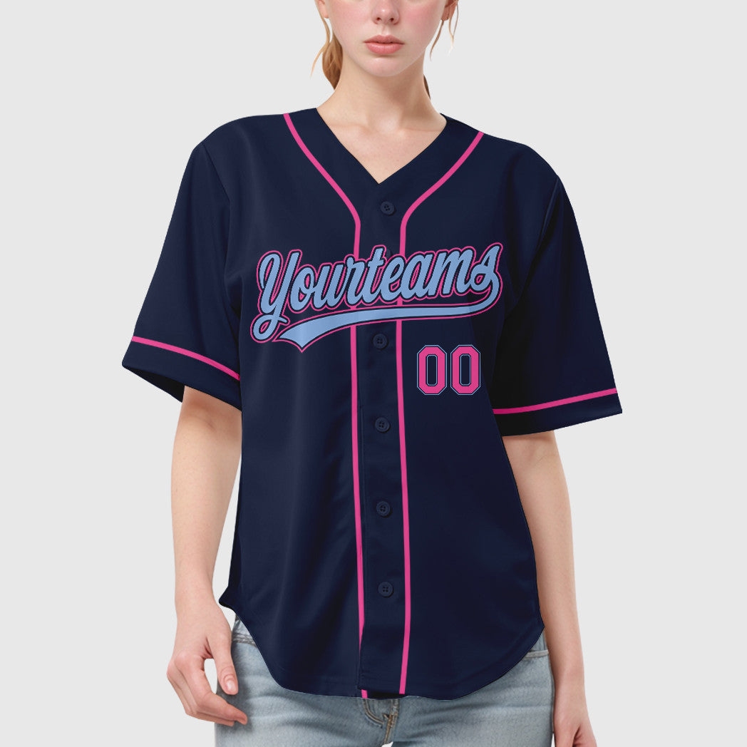 Custom Navy Light Blue Pink Sleeve Baseball Jersey
