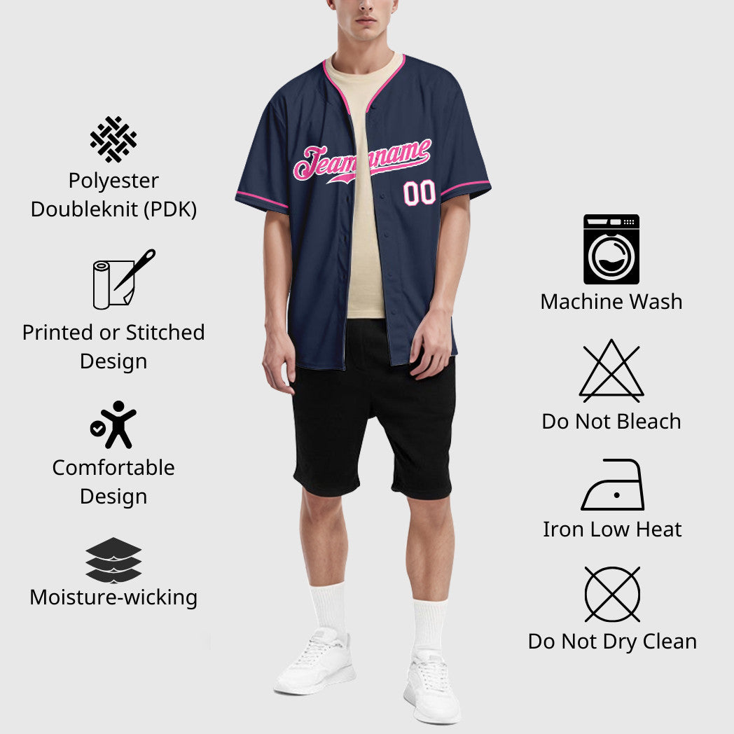 Custom Navy White Pink-White Collar Sleeve Baseball Jersey