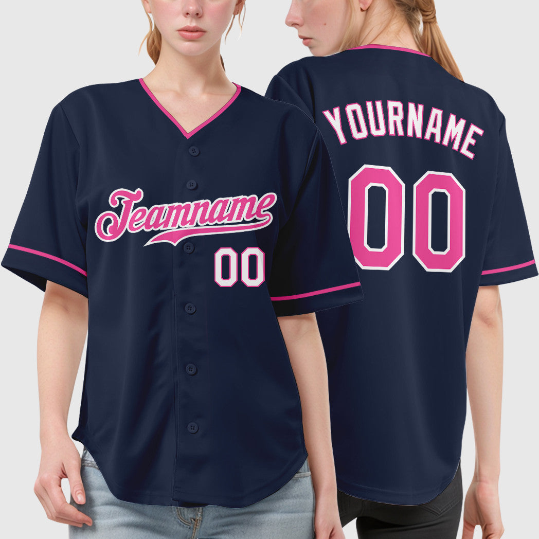 Custom Navy White Pink-White Collar Sleeve Baseball Jersey