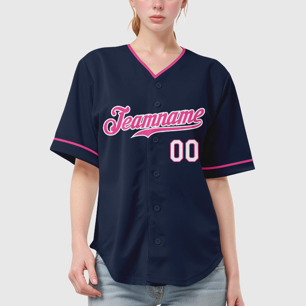 Custom Navy White Pink-White Collar Sleeve Baseball Jersey