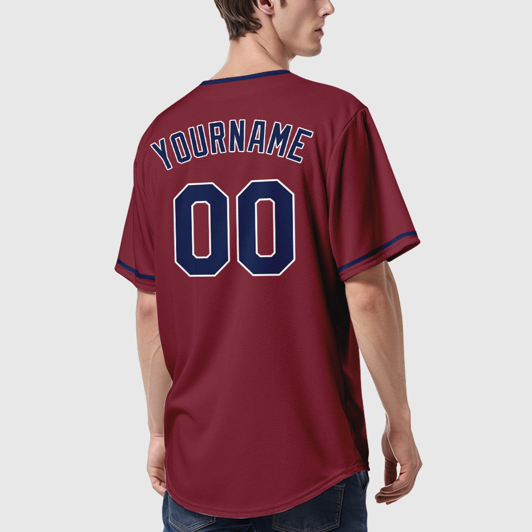 Custom Crimson White Navy Collar Sleeve Baseball Jersey