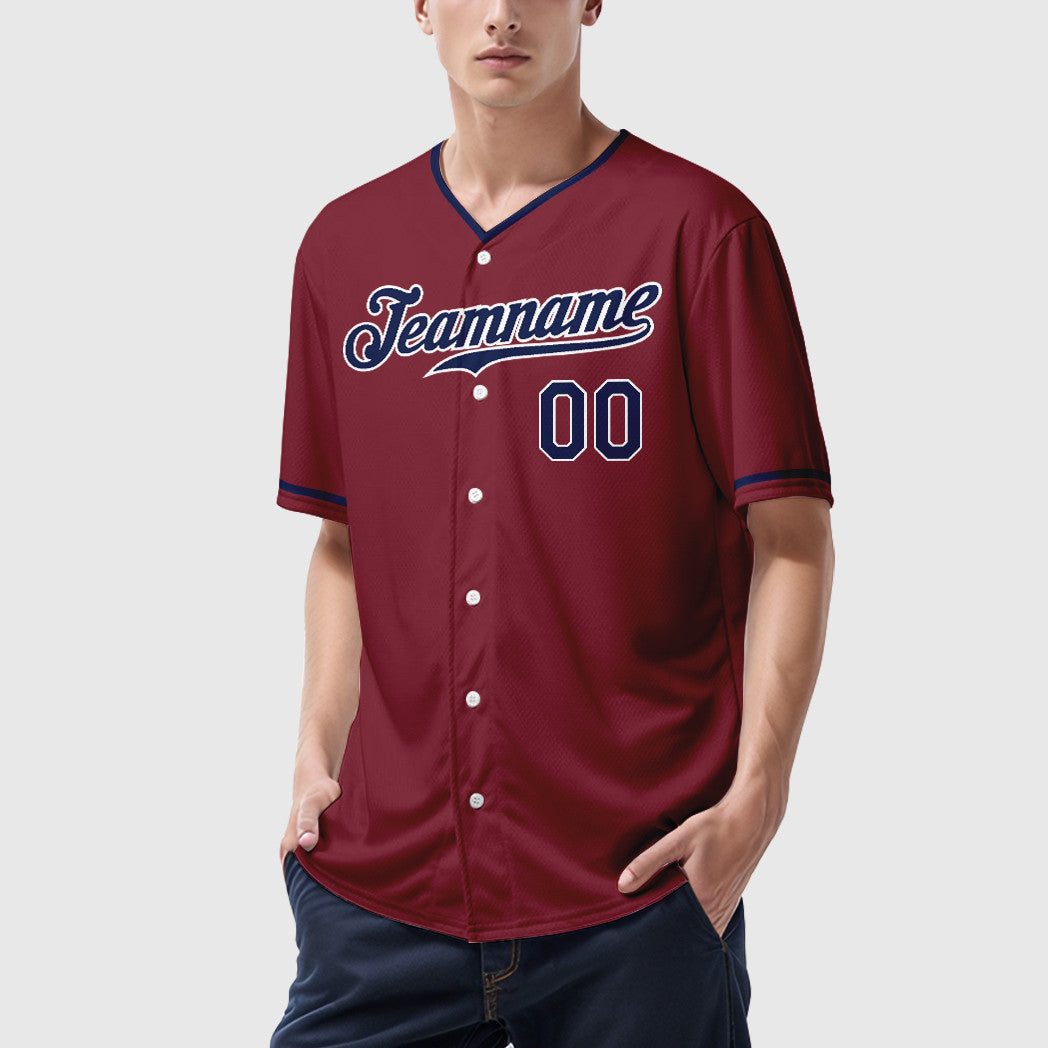 Custom Crimson White Navy Collar Sleeve Baseball Jersey