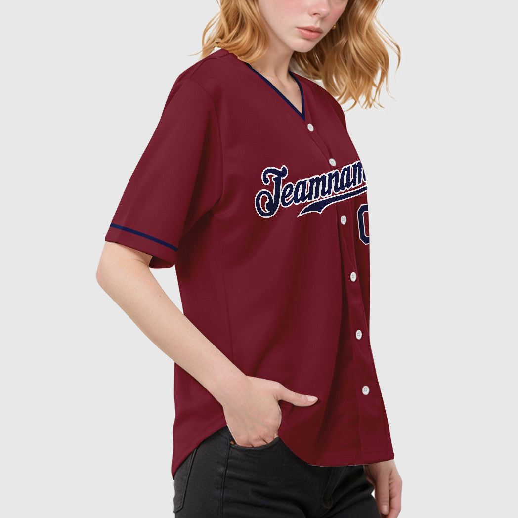 Custom Crimson White Navy Collar Sleeve Baseball Jersey