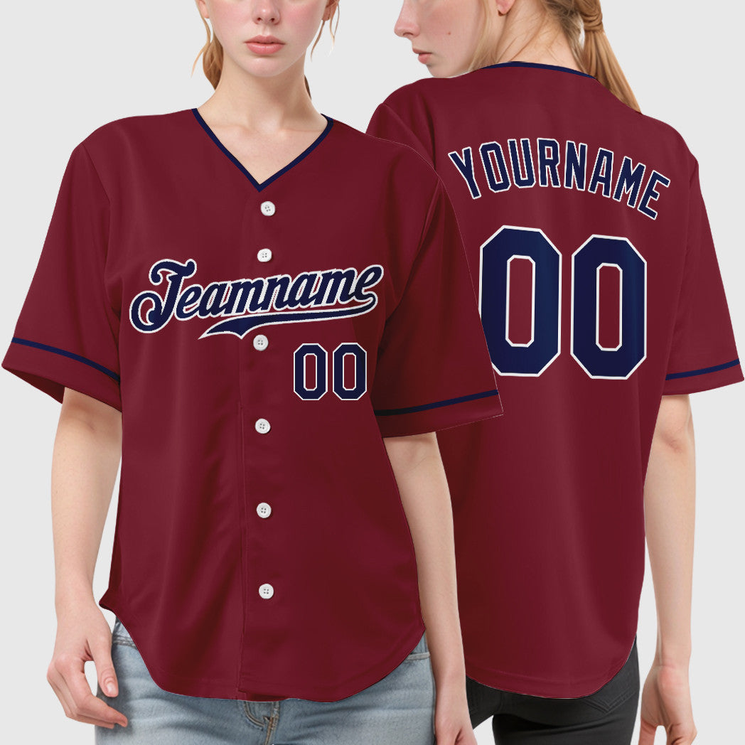 Custom Crimson White Navy Collar Sleeve Baseball Jersey