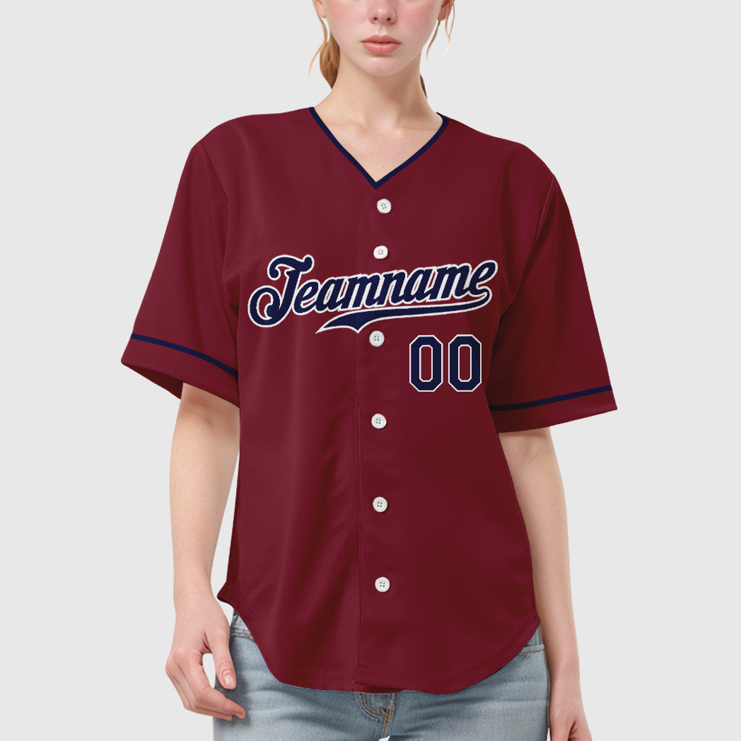 Custom Crimson White Navy Collar Sleeve Baseball Jersey