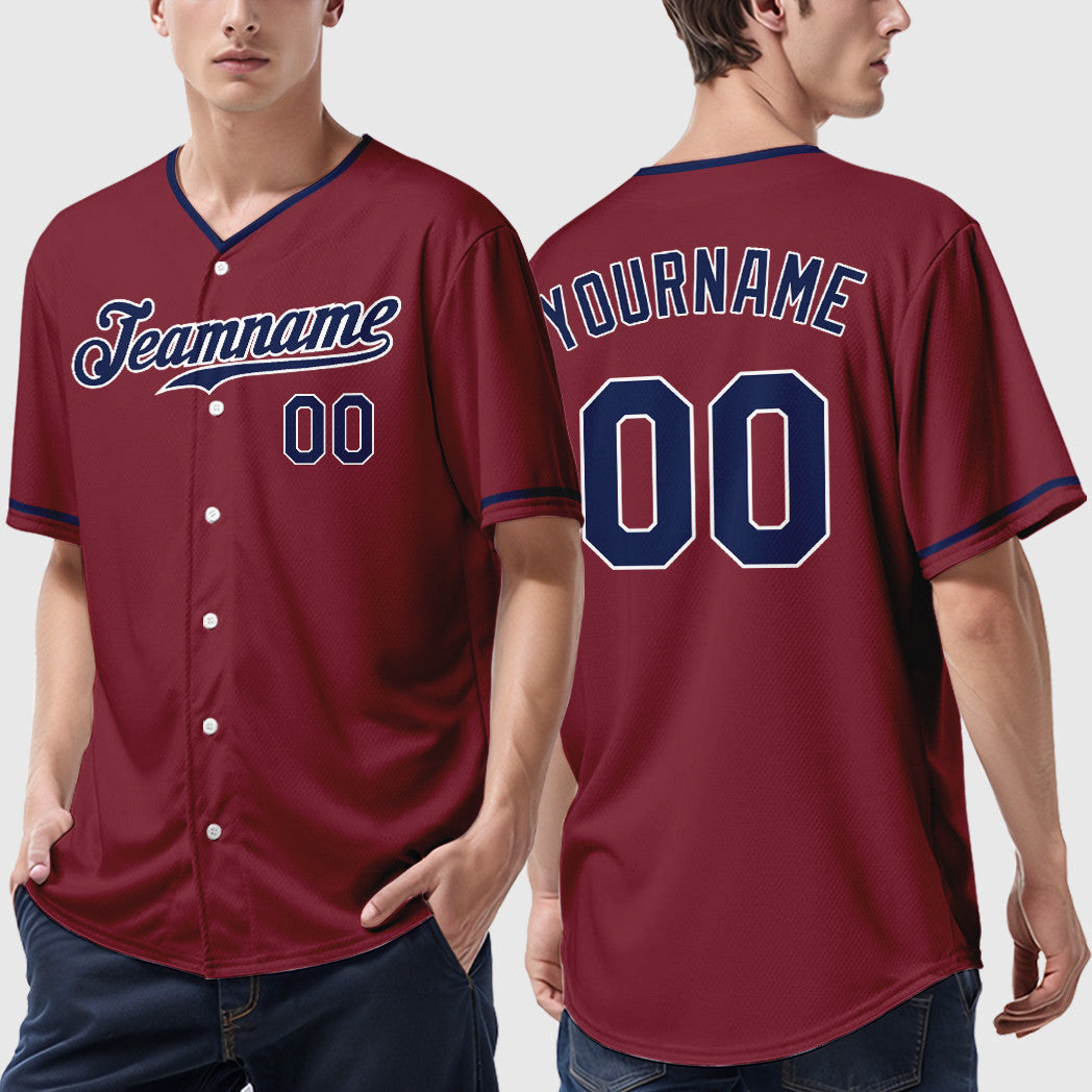Custom Crimson White Navy Collar Sleeve Baseball Jersey