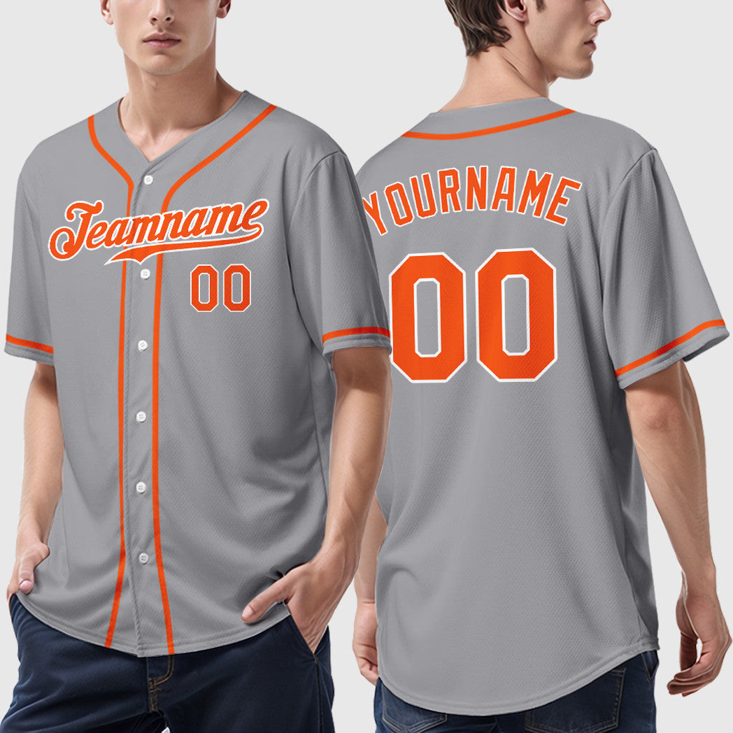 Custom Gray White Orange Sleeve Baseball Jersey