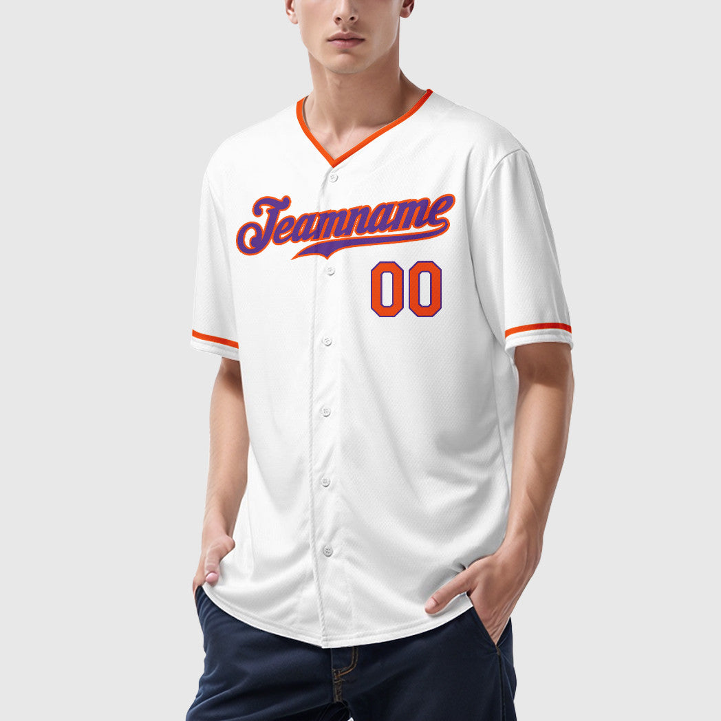 Custom White Purple Orange Collar Sleeve Baseball Jersey