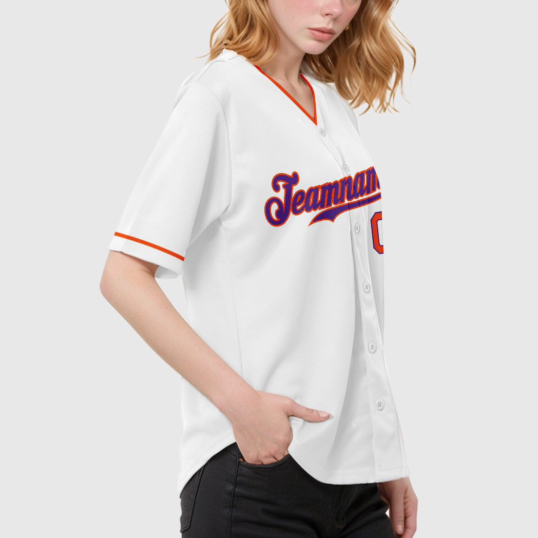 Custom White Purple Orange Collar Sleeve Baseball Jersey