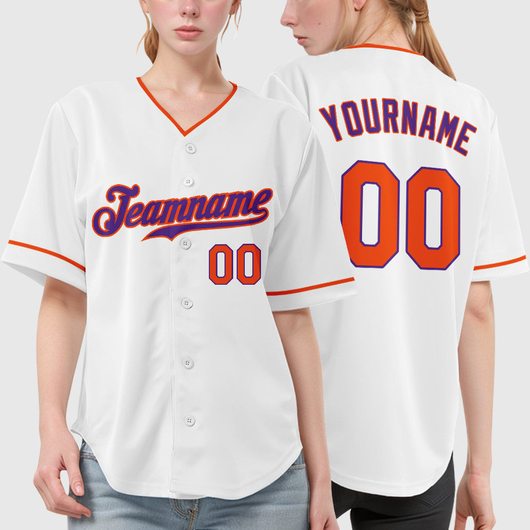 Custom White Purple Orange Collar Sleeve Baseball Jersey