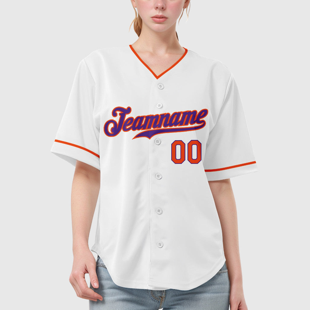 Custom White Purple Orange Collar Sleeve Baseball Jersey