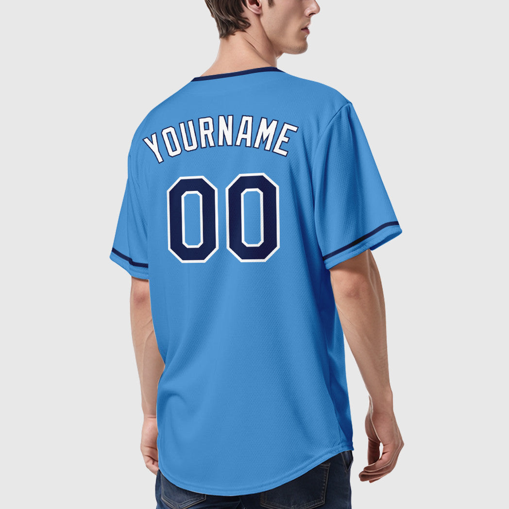 Custom Powder Blue White Navy-White Collar Sleeve Baseball Jersey