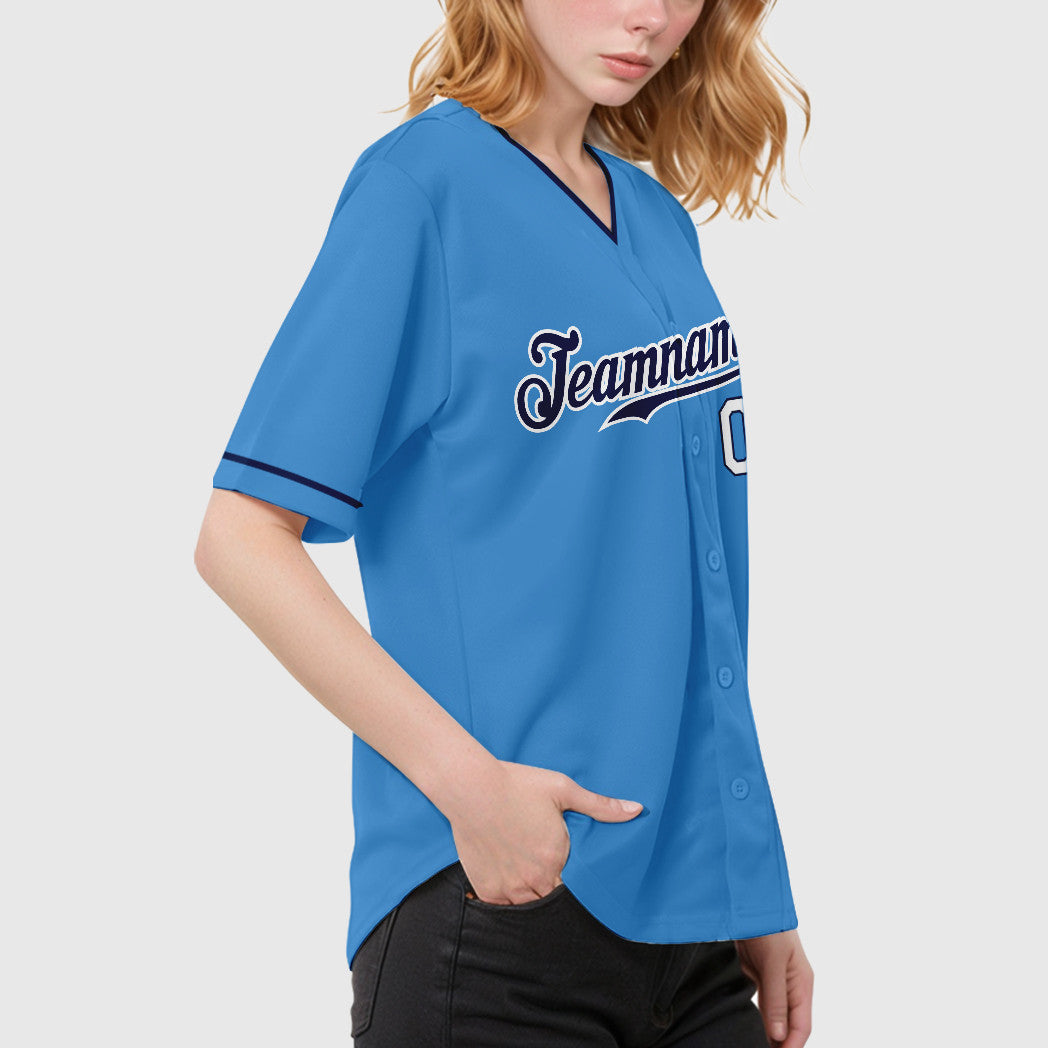 Custom Powder Blue White Navy-White Collar Sleeve Baseball Jersey