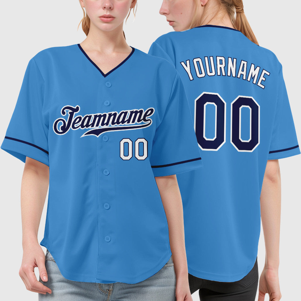 Custom Powder Blue White Navy-White Collar Sleeve Baseball Jersey