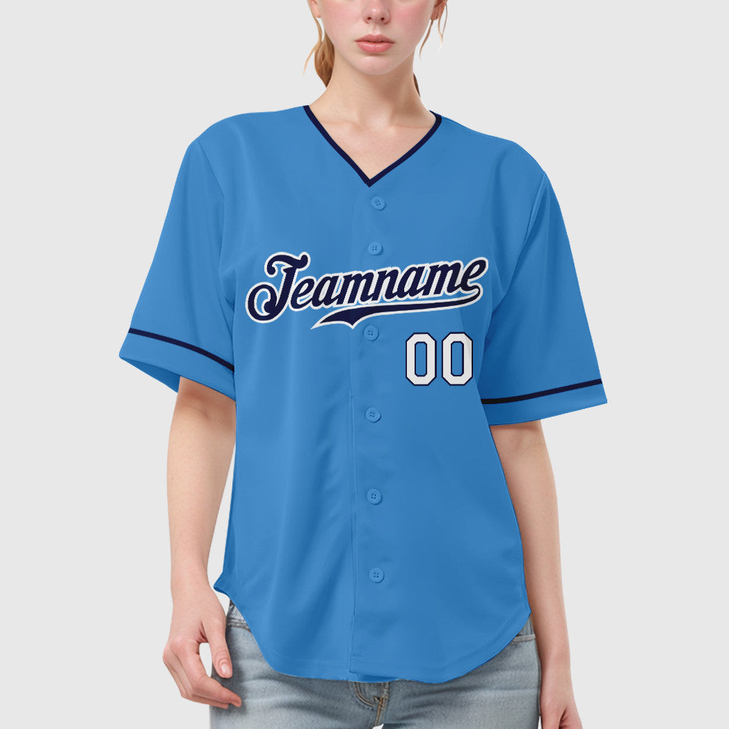 Custom Powder Blue White Navy-White Collar Sleeve Baseball Jersey
