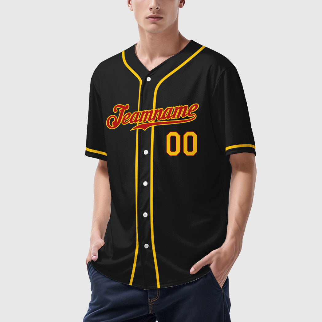 Custom Black Red Red-Yellow Sleeve Baseball Jersey