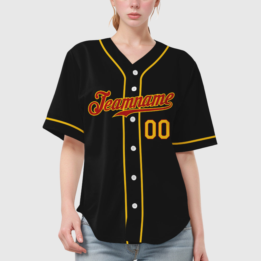 Custom Black Red Red-Yellow Sleeve Baseball Jersey