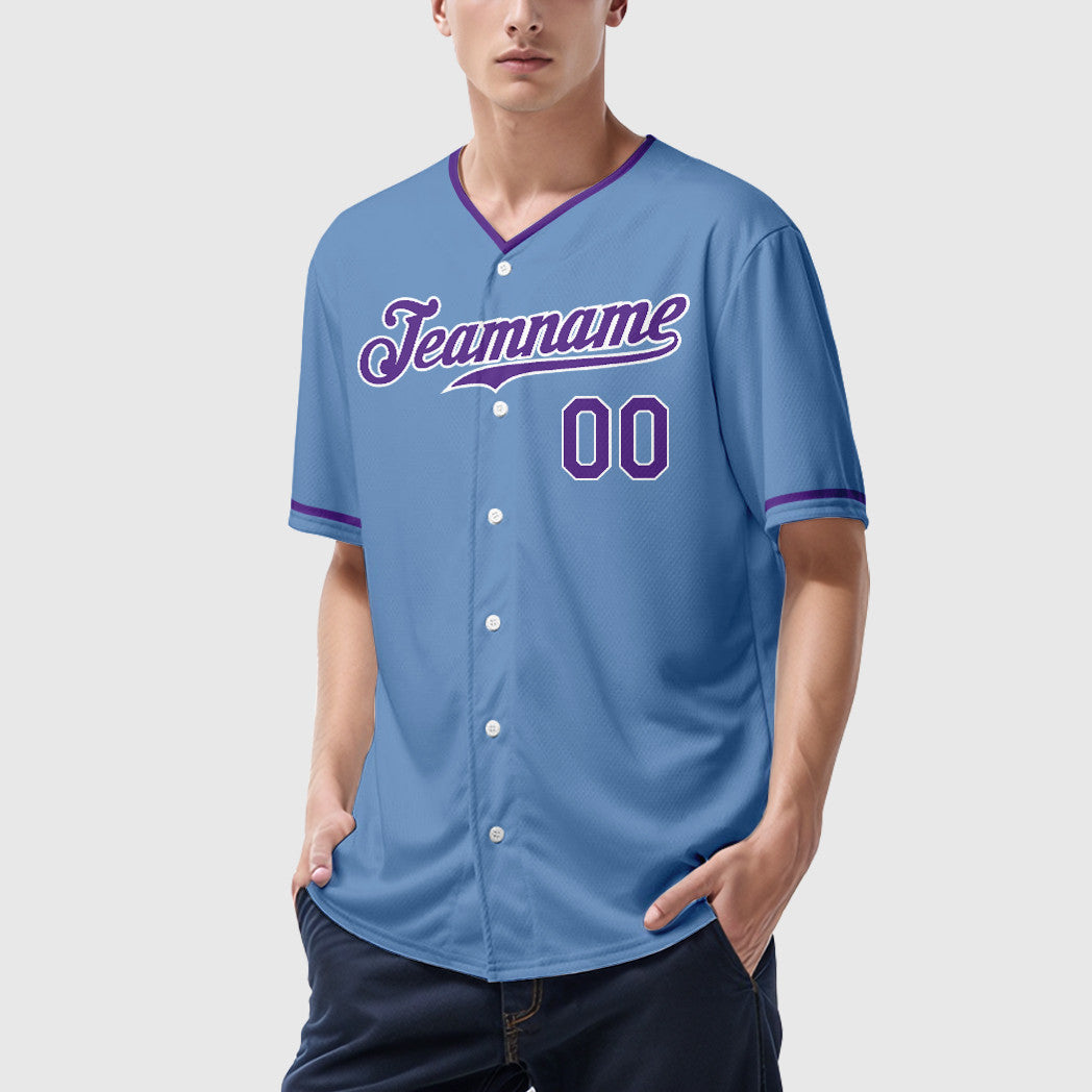 Custom Powder Blue White Purple Collar Sleeve Baseball Jersey